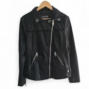 Guess Black Faux Leather Moto Jacket NWOT Sz L Quilted Biker Style Holiday Chic